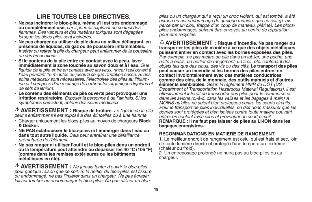 Black & Decker LST220 instruction manual Lire Toutes LES Directives, Recommandations EN Matiere DE Rangement 