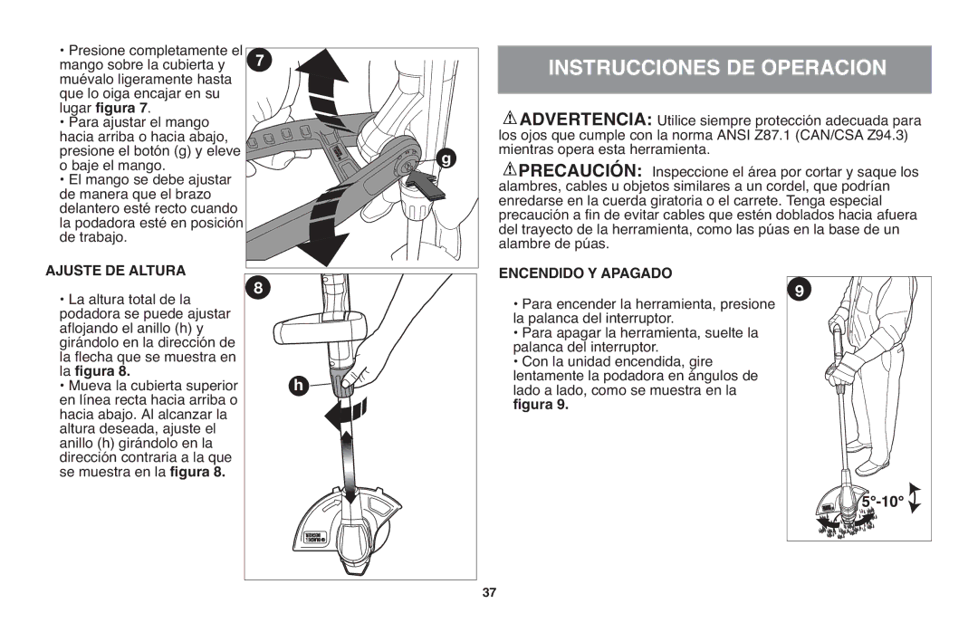 Black & Decker LST220 instruction manual Instrucciones DE Operacion, Ajuste DE Altura, Encendido Y Apagado 