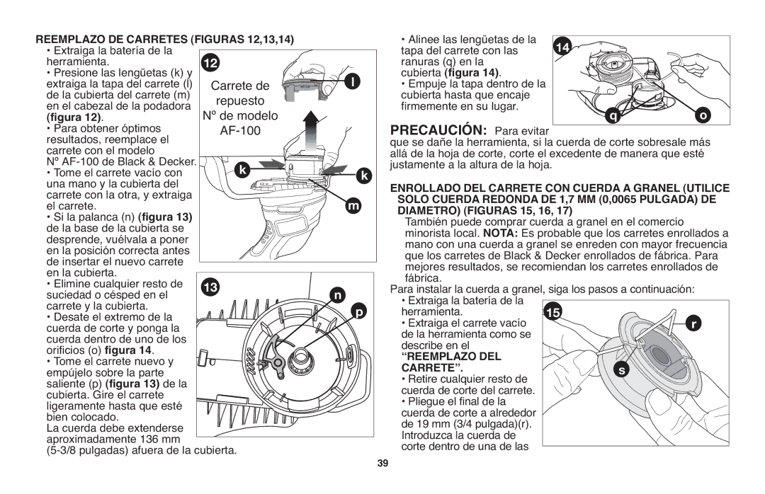 Black & Decker LST220 Reemplazo DE Carretes Figuras 12,13,14, Enrollado DEL Carrete CON Cuerda a Granel Utilice 