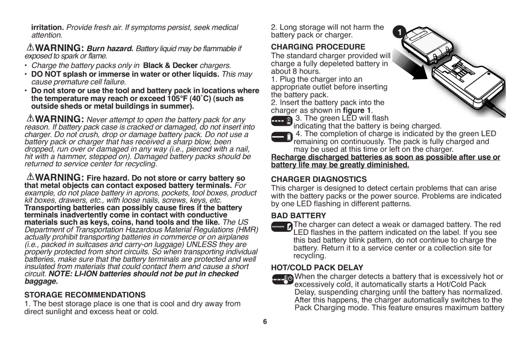 Black & Decker LST220 Charging Procedure, Charger Diagnostics, BAD Battery, HOT/COLD Pack Delay, Storage Recommendations 