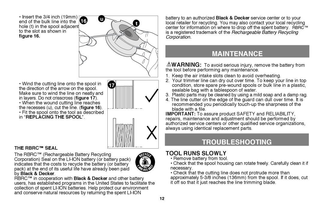 Black & Decker LST220 instruction manual Maintenance, Troubleshooting, Tool runs slowly 