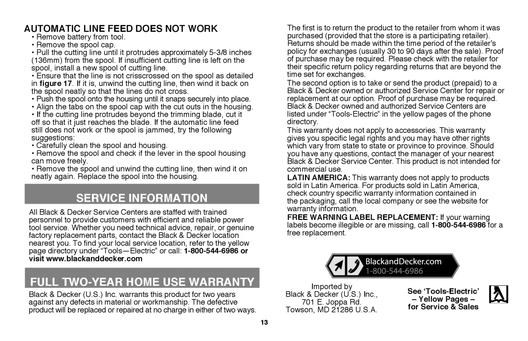 Black & Decker LST220 Service Information, Full Two-Year Home Use Warranty, Automatic line feed does not work 