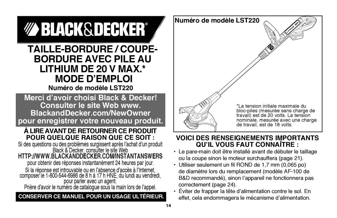 Black & Decker instruction manual Mode D’Emploi, Numéro de modèle LST220, Black & Decker, consulter le site Web 