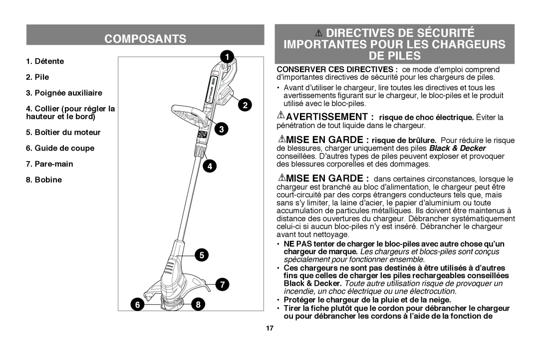 Black & Decker LST220 instruction manual Composants, Directives De Sécurité Importantes Pour Les Chargeurs, De Piles 
