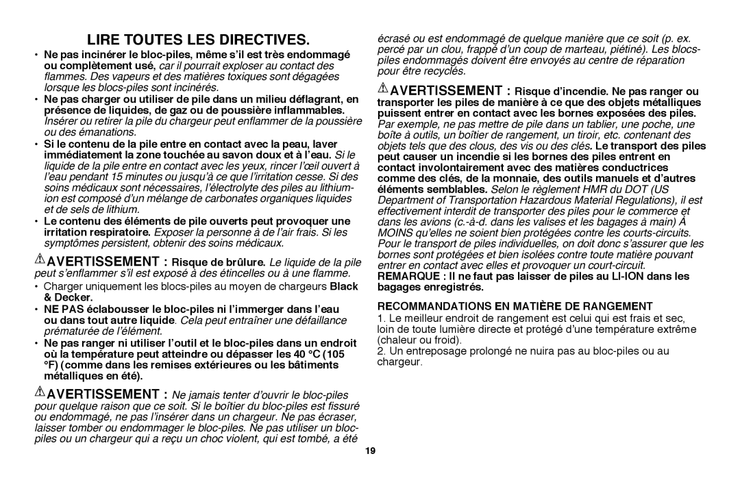 Black & Decker LST220 instruction manual Lire toutes les directives 
