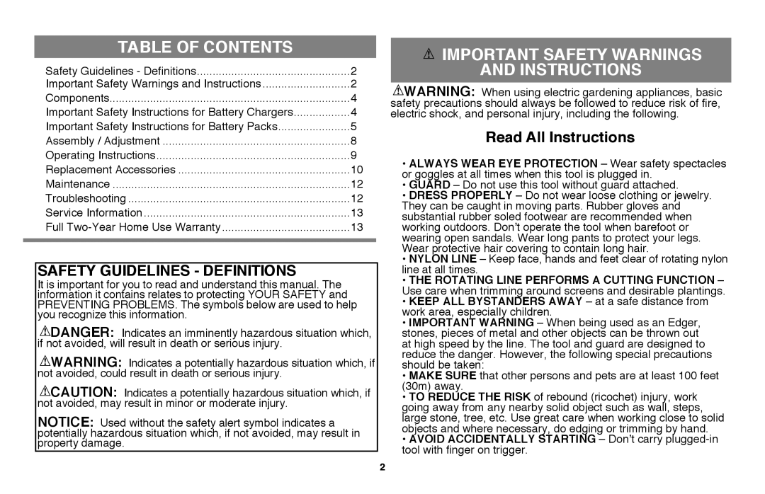Black & Decker LST220 Table of Contents, Important Safety Warnings And Instructions, Safety Guidelines - Definitions 