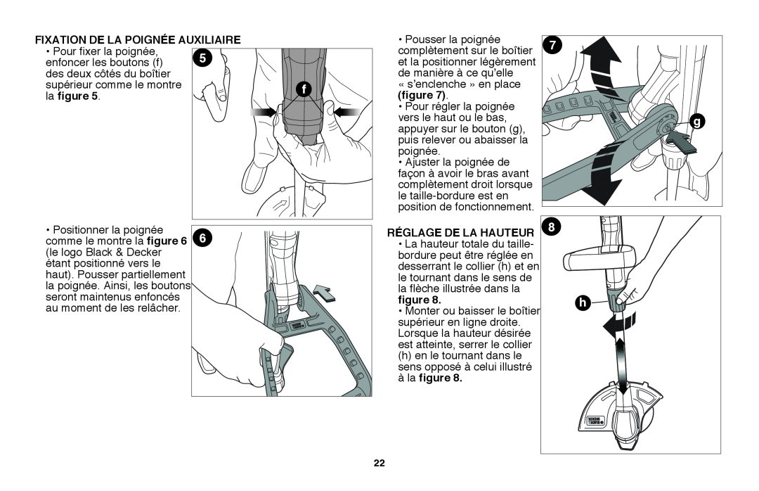 Black & Decker LST220 instruction manual Fixation de la poignée auxiliaire, la figure, Réglage de la HAUTEUR 