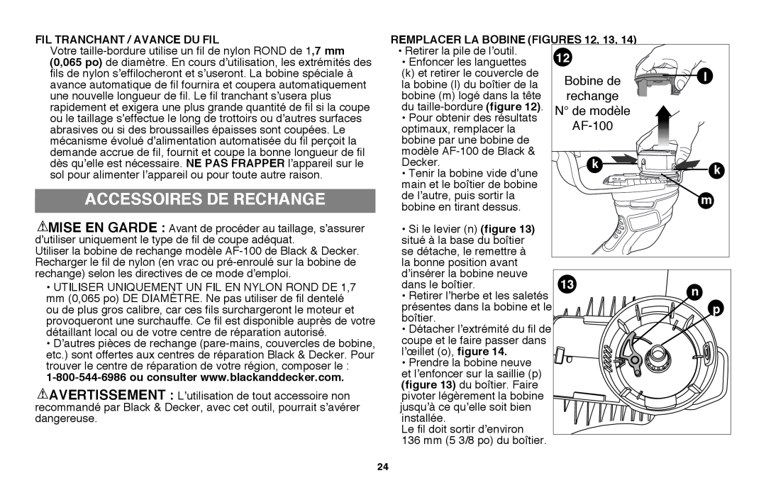 Black & Decker LST220 instruction manual Accessoires De Rechange, Bobine de, rechange, N de modèle, AF-100 