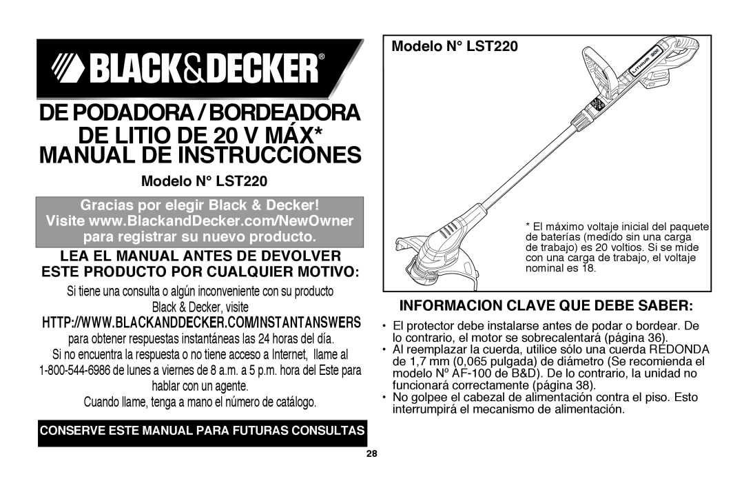 Black & Decker De Podadora / Bordeadora, Modelo N LST220, Gracias por elegir Black & Decker, Black & Decker, visite 