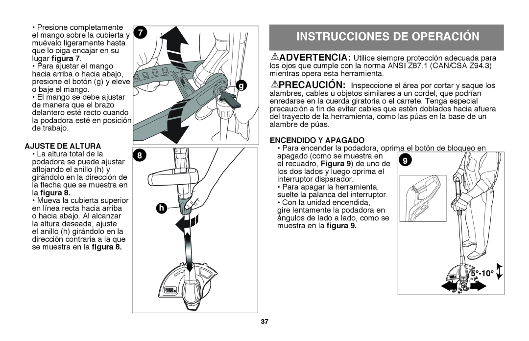 Black & Decker LST220 instruction manual Instrucciones de operación, Ajuste de ALTURA, Encendido y apagado 