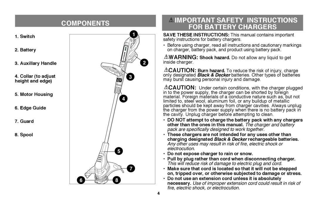 Black & Decker LST220 instruction manual Components, Important Safety Instructions For Battery Chargers 