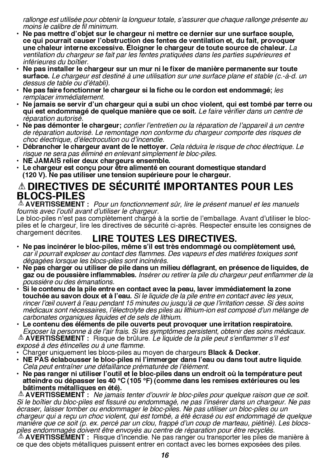 Black & Decker LST300R instruction manual Directives DE Sécurité Importantes Pour LES BLOCS-PILES 