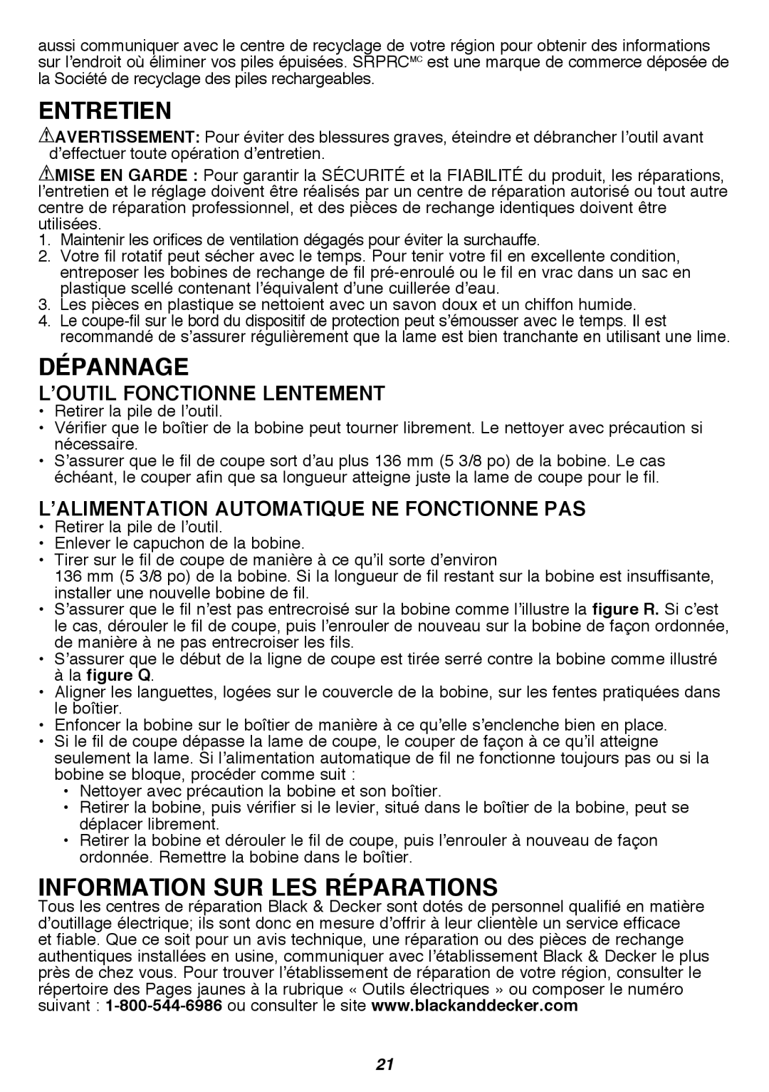 Black & Decker LST300R instruction manual Entretien 