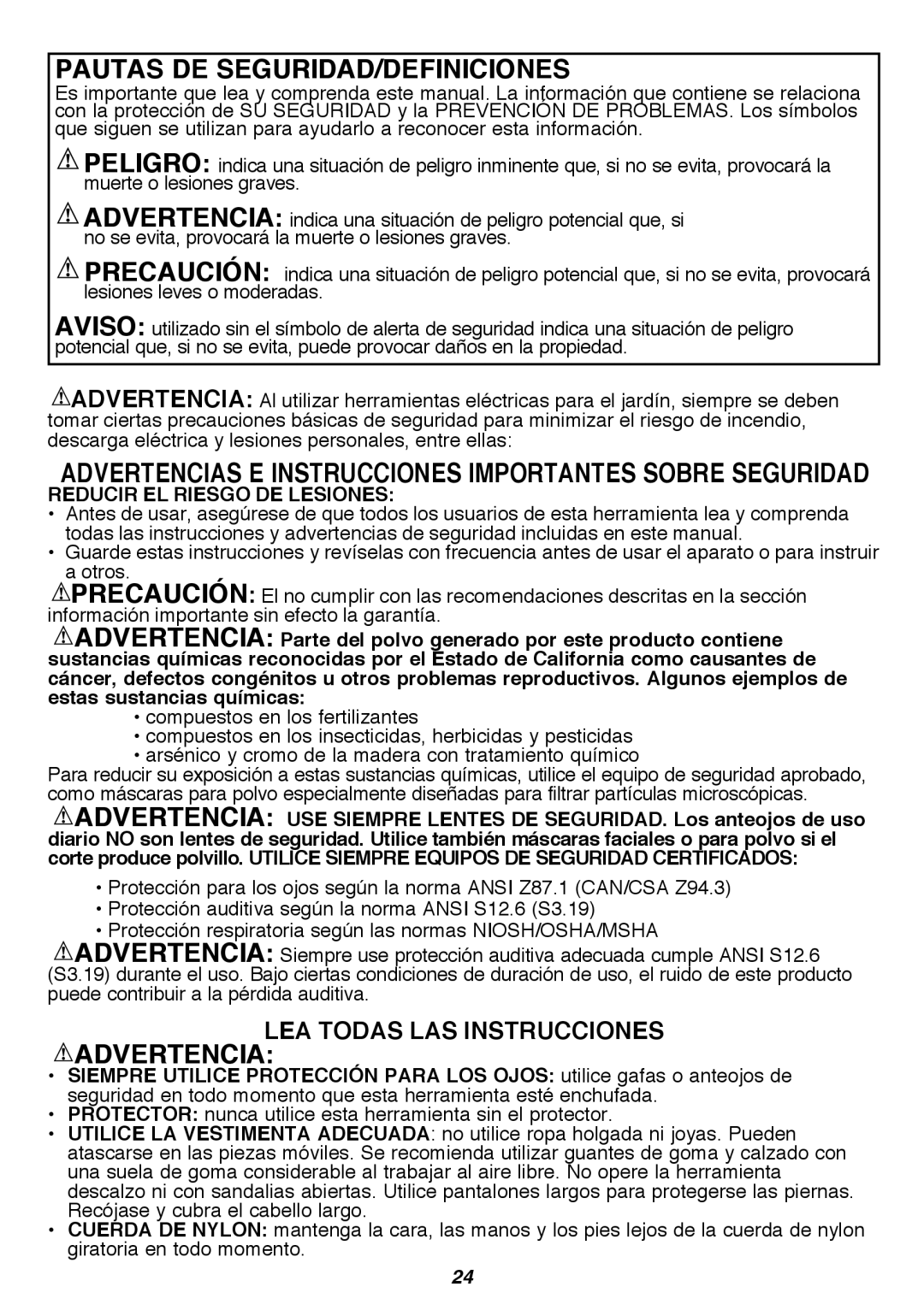 Black & Decker LST300R instruction manual Pautas DE SEGURIDAD/DEFINICIONES, Advertencia, Reducir EL Riesgo DE Lesiones 