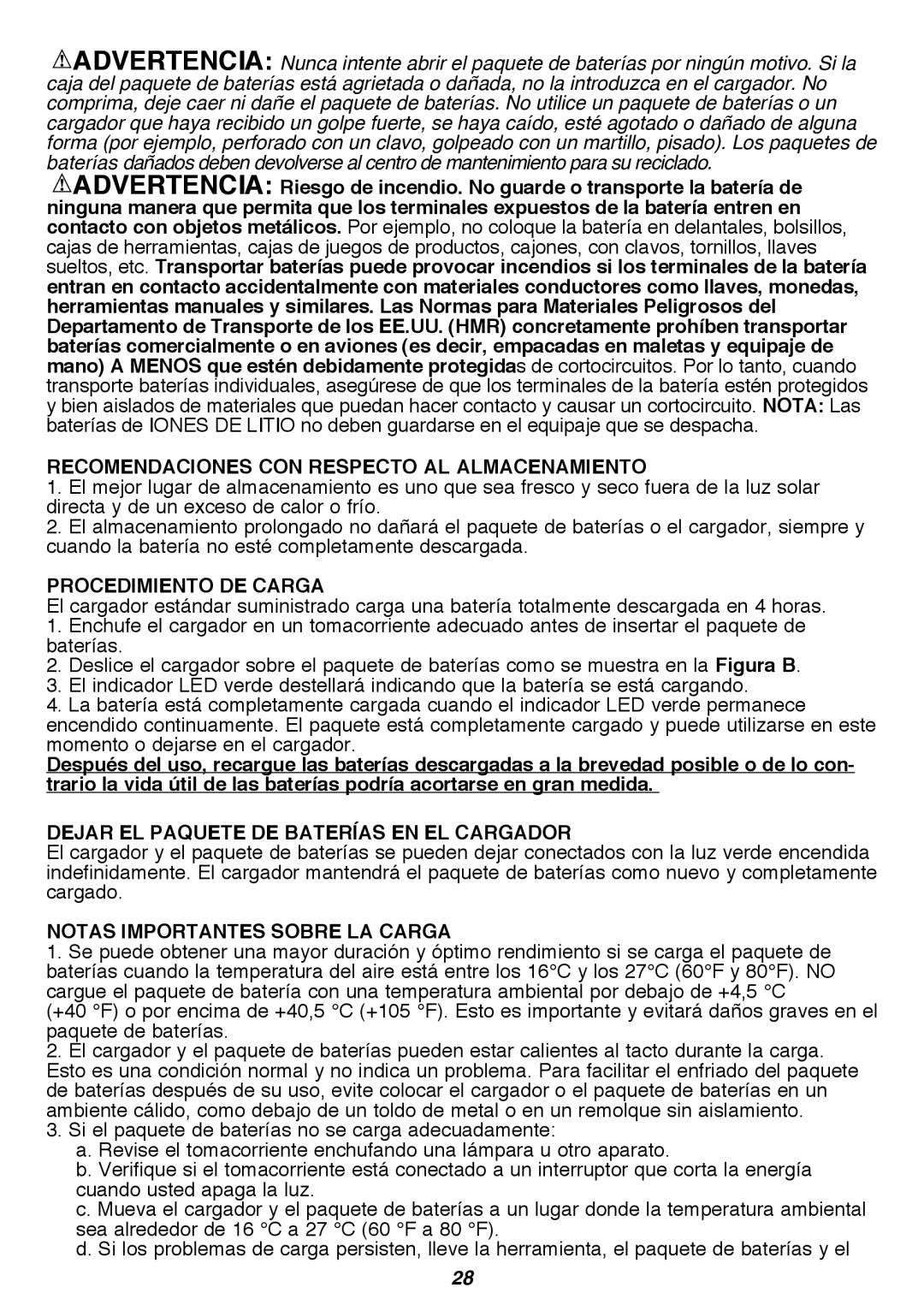 Black & Decker LST300R instruction manual Recomendaciones con respecto al almacenamiento, Procedimiento de carga 