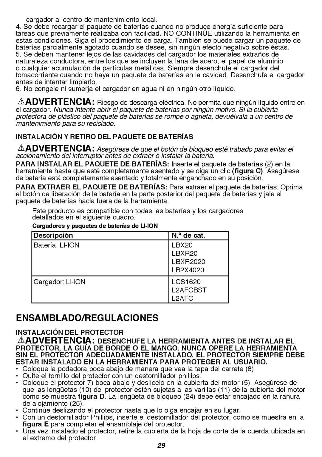 Black & Decker LST300R Ensamblado/Regulaciones, Instalación y retiro del paquete de baterías, Descripción De cat 