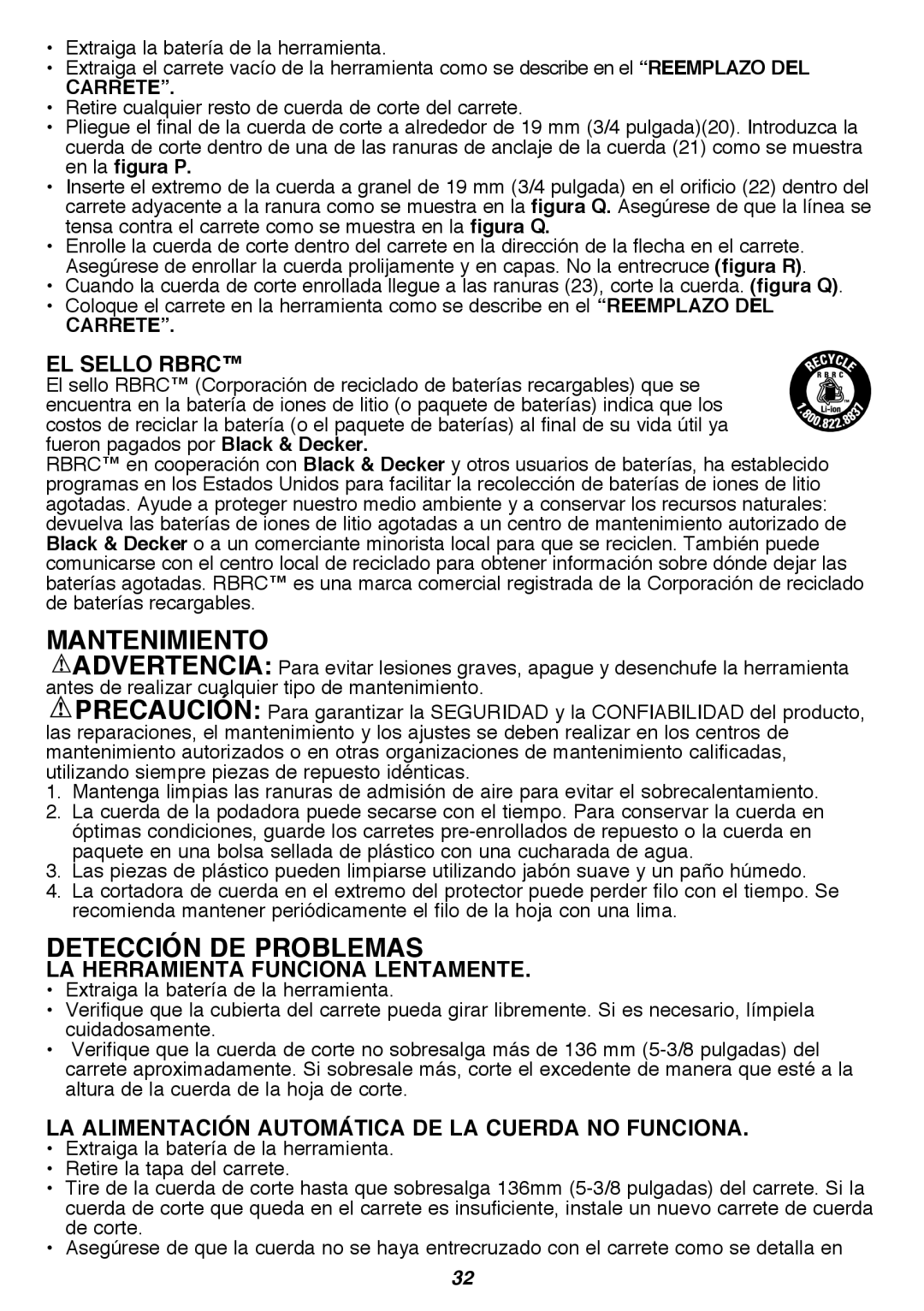 Black & Decker LST300R instruction manual Mantenimiento, Detección de problemas, Carrete 