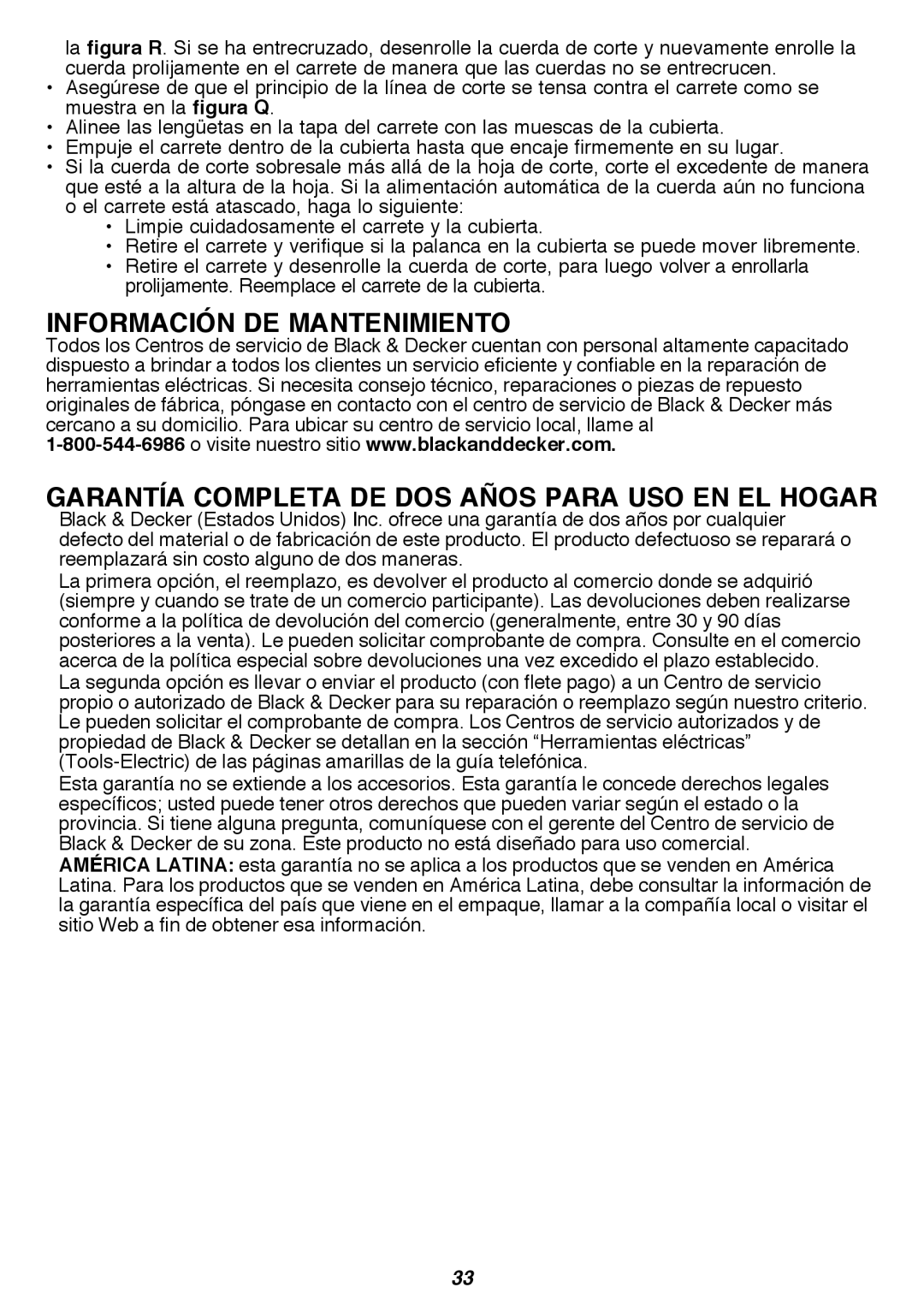 Black & Decker LST300R Información de mantenimiento, Garantía completa de dos años para uso en el hogar 