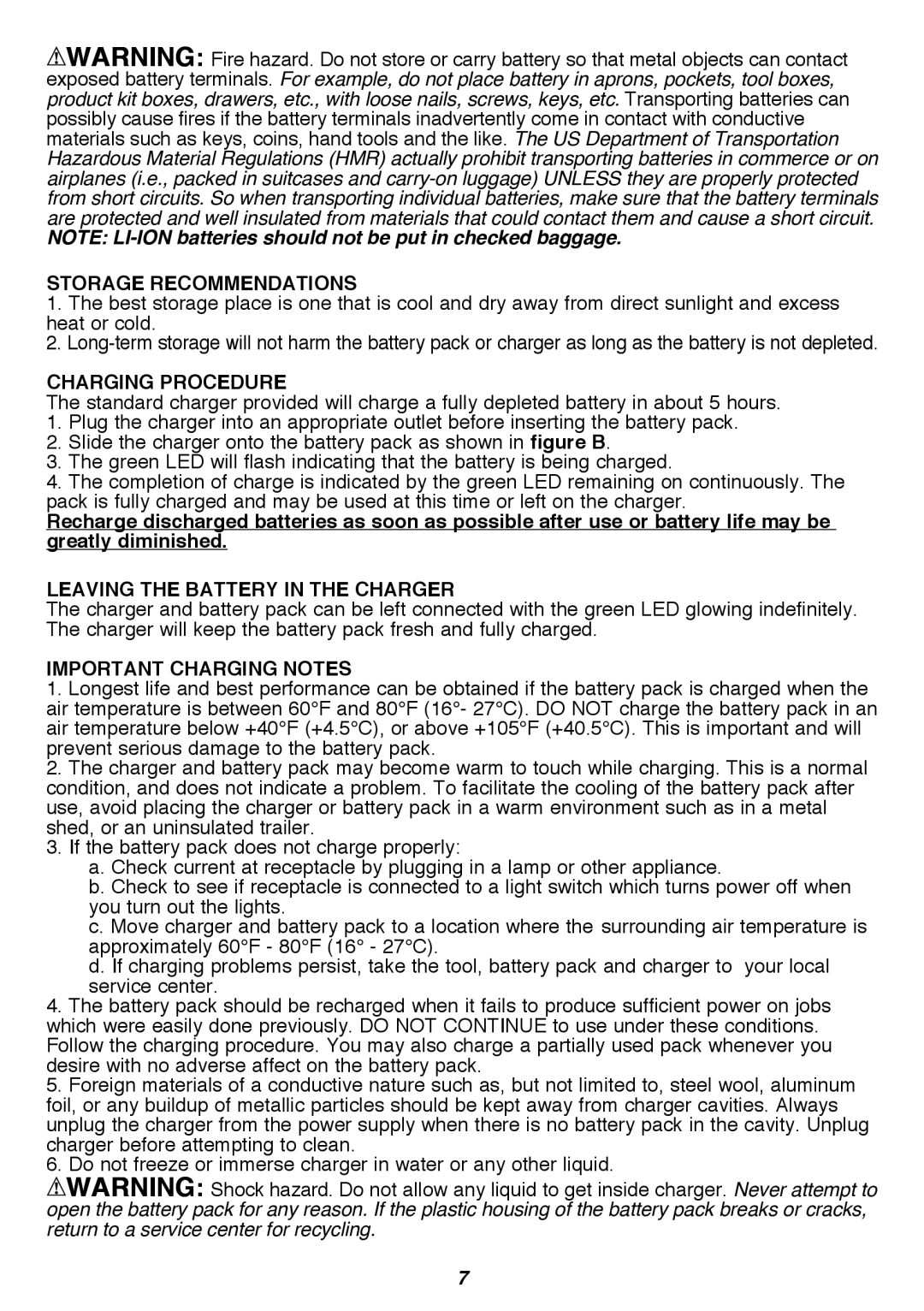 Black & Decker LST300R instruction manual Storage Recommendations, Charging Procedure, Important Charging Notes 