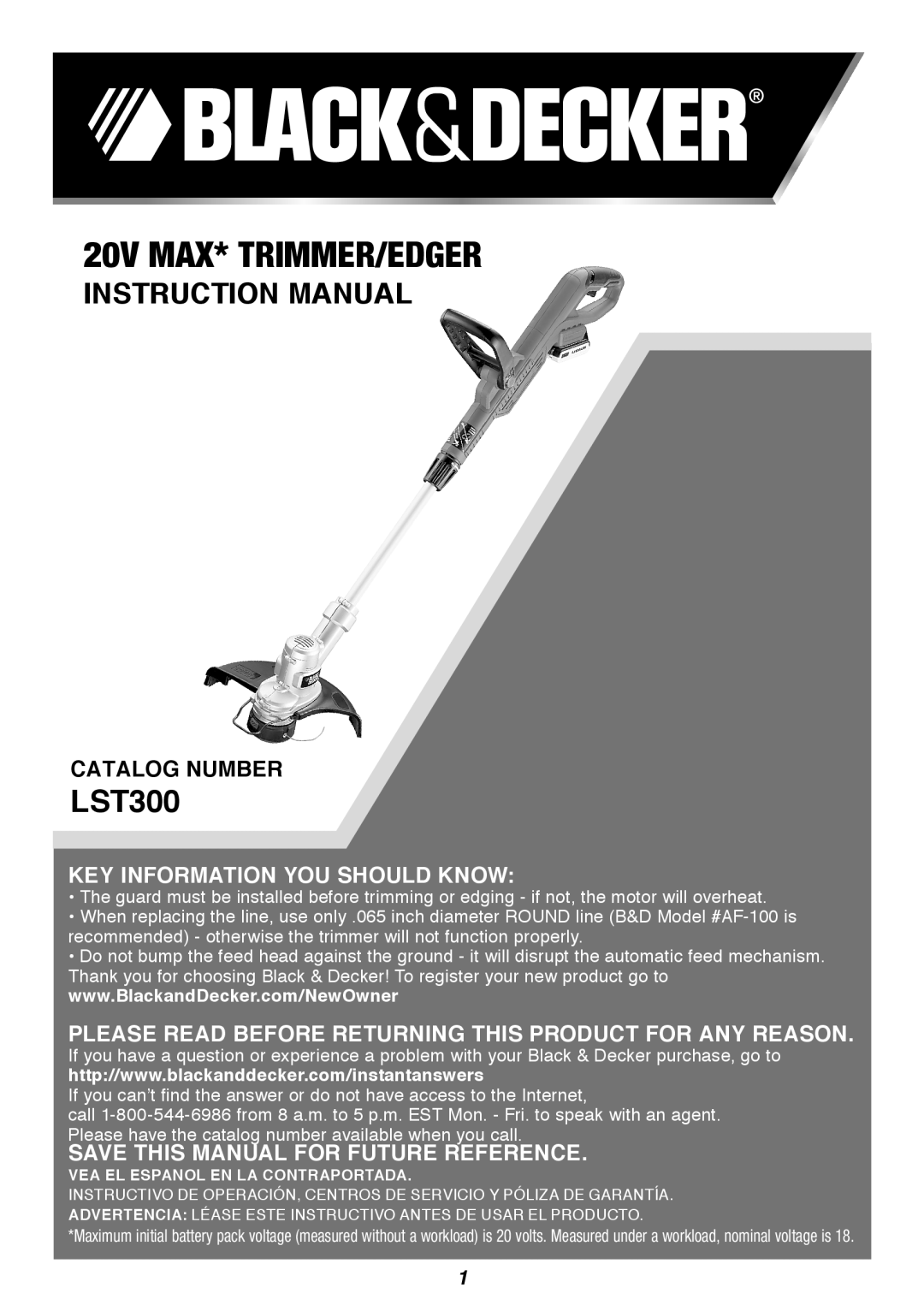 Black & Decker LST300R instruction manual 20V max* Trimmer/Edger, Catalog Number, Key Information You Should Know 