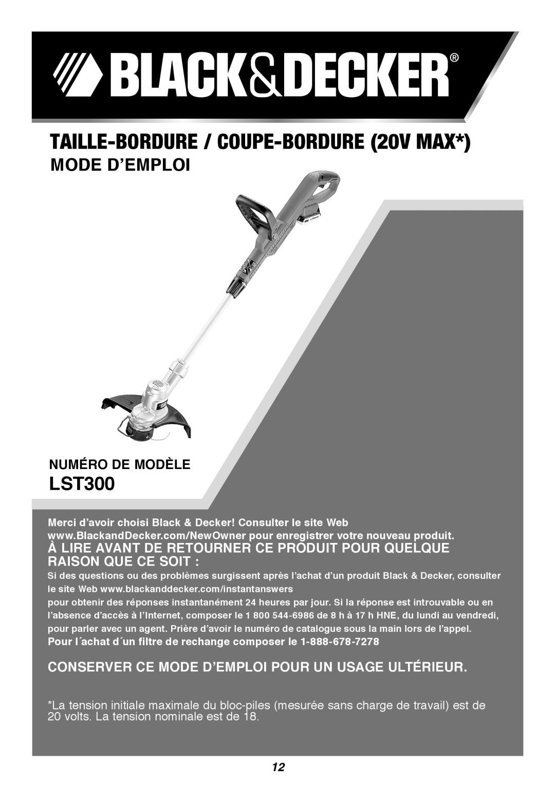 Black & Decker LST300R instruction manual TAILLE-BORDURE / COUPE-BORDURE20v Max, Mode D’Emploi, Numéro de modèle 