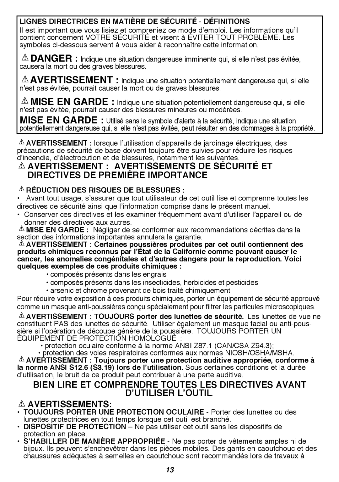 Black & Decker LST300R instruction manual D’Utiliser L’Outil Avertissements 