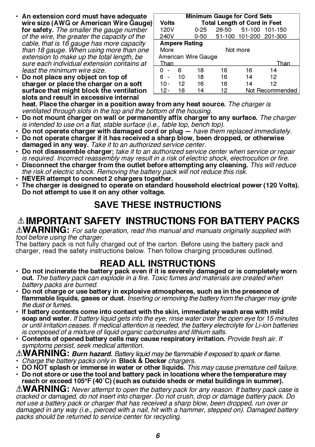 Black & Decker LST300R Important Safety Instructions For Battery Packs, Save These Instructions, Read all Instructions 