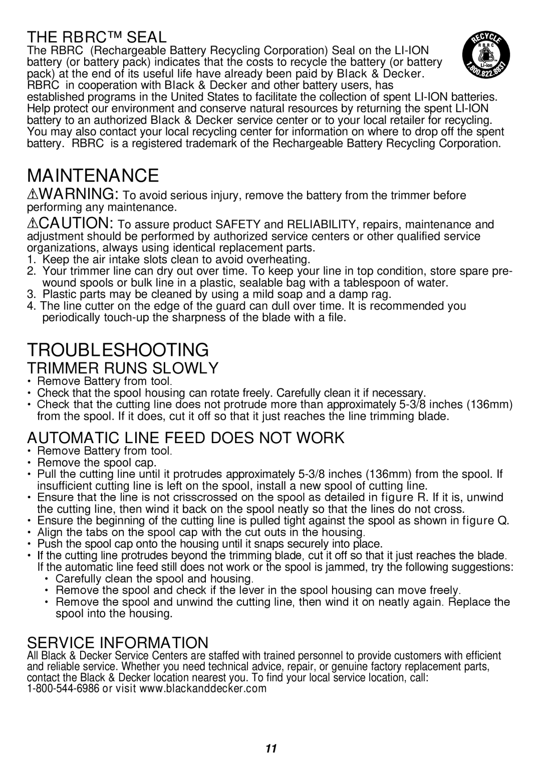 Black & Decker LST420 Rbrc Seal, Trimmer runs slowly, Automatic line feed does not work, Service Information 