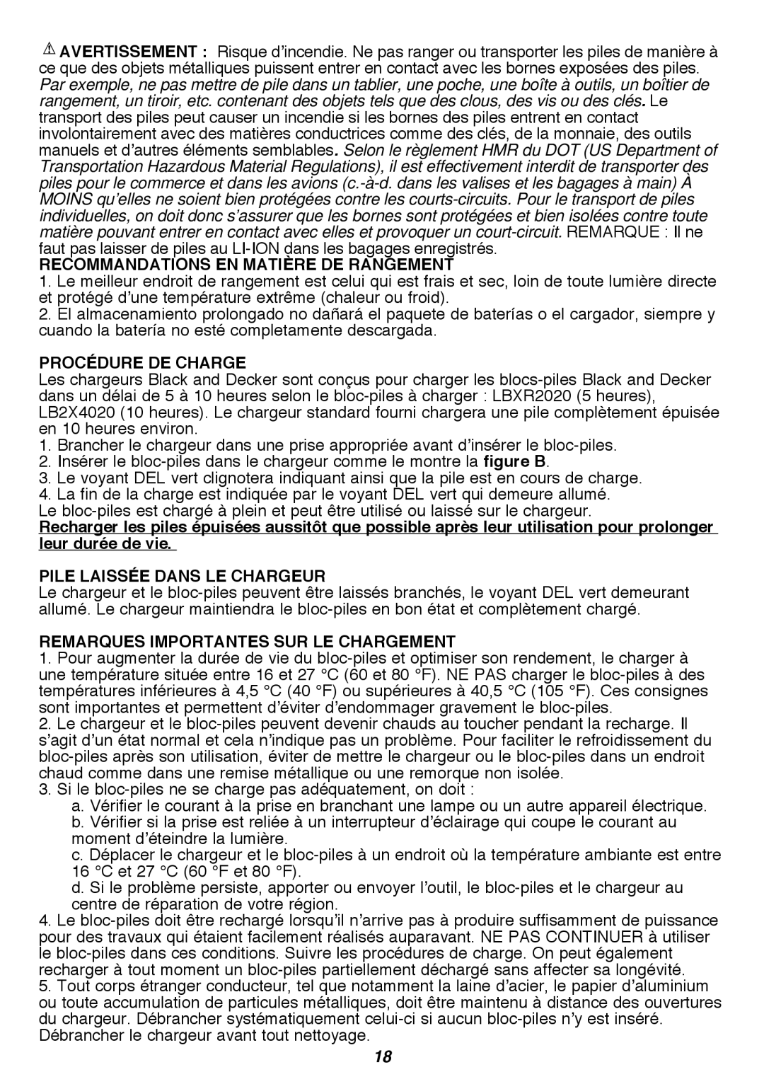 Black & Decker LST420 instruction manual Recommandations en matière de rangement, Procédure de charge 