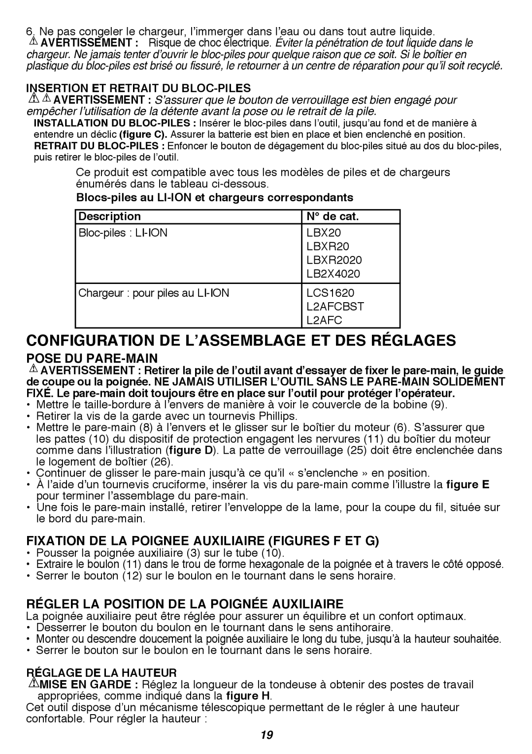 Black & Decker LST420 instruction manual Insertion et retrait du bloc-piles, Réglage de la Hauteur 