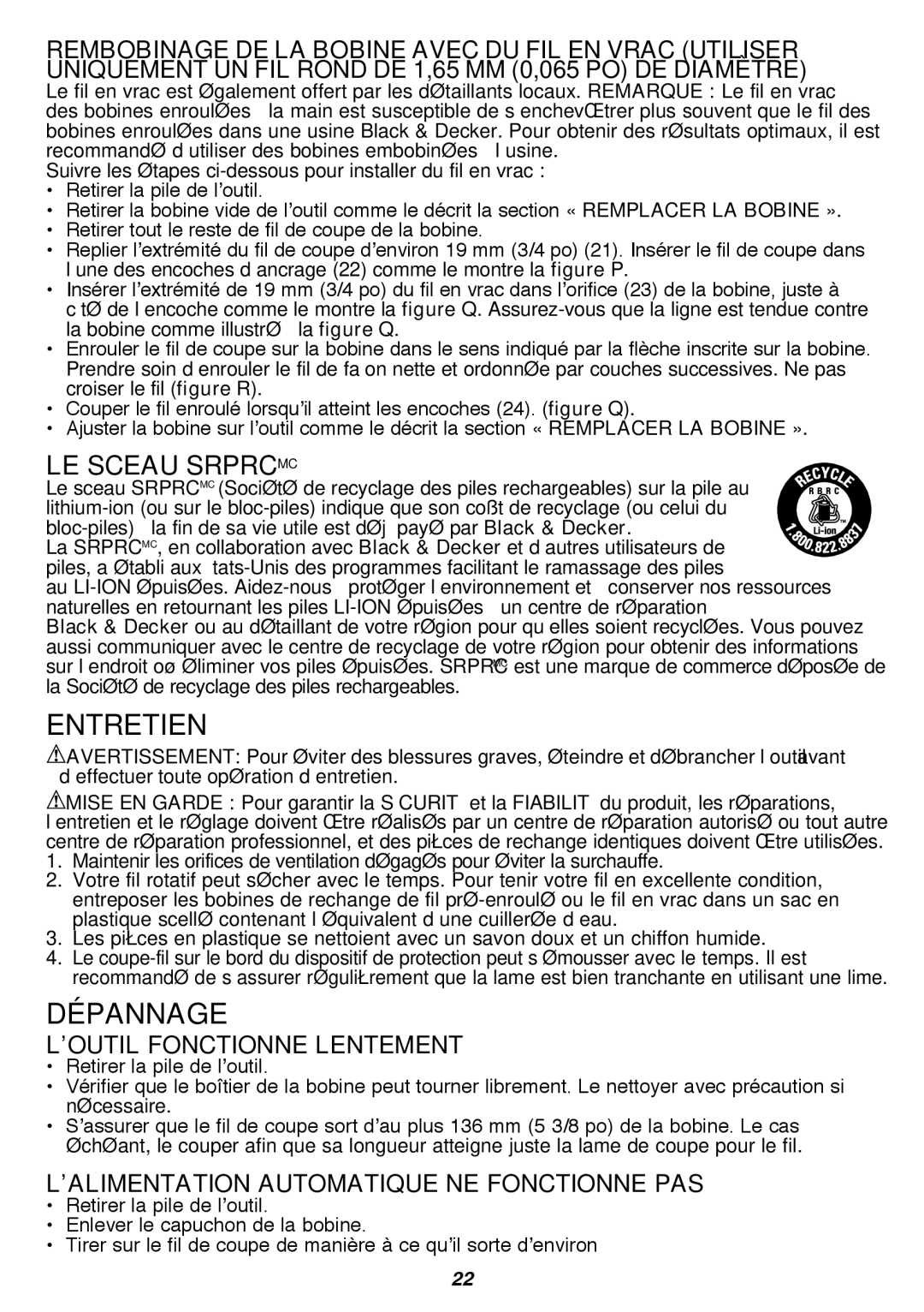 Black & Decker LST420 instruction manual Entretien, Le sceau Srprcmc 