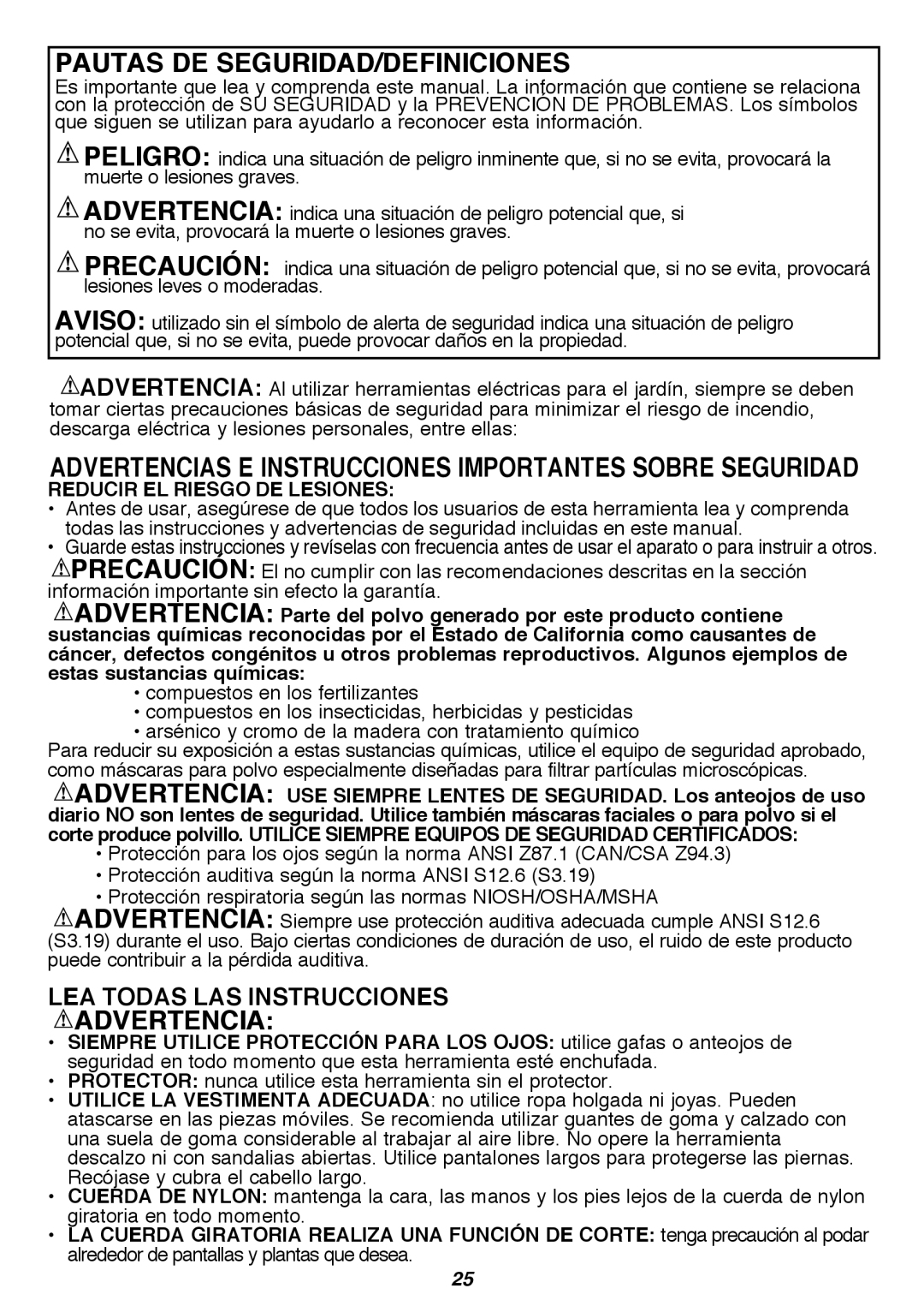 Black & Decker LST420 instruction manual Pautas DE SEGURIDAD/DEFINICIONES, Advertencia, Reducir EL Riesgo DE Lesiones 