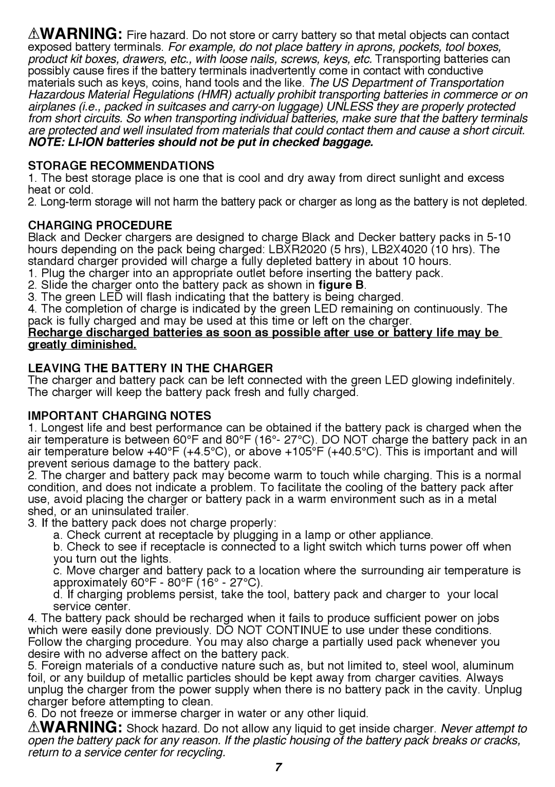 Black & Decker LST420 instruction manual Storage Recommendations, Charging Procedure, Important Charging Notes 