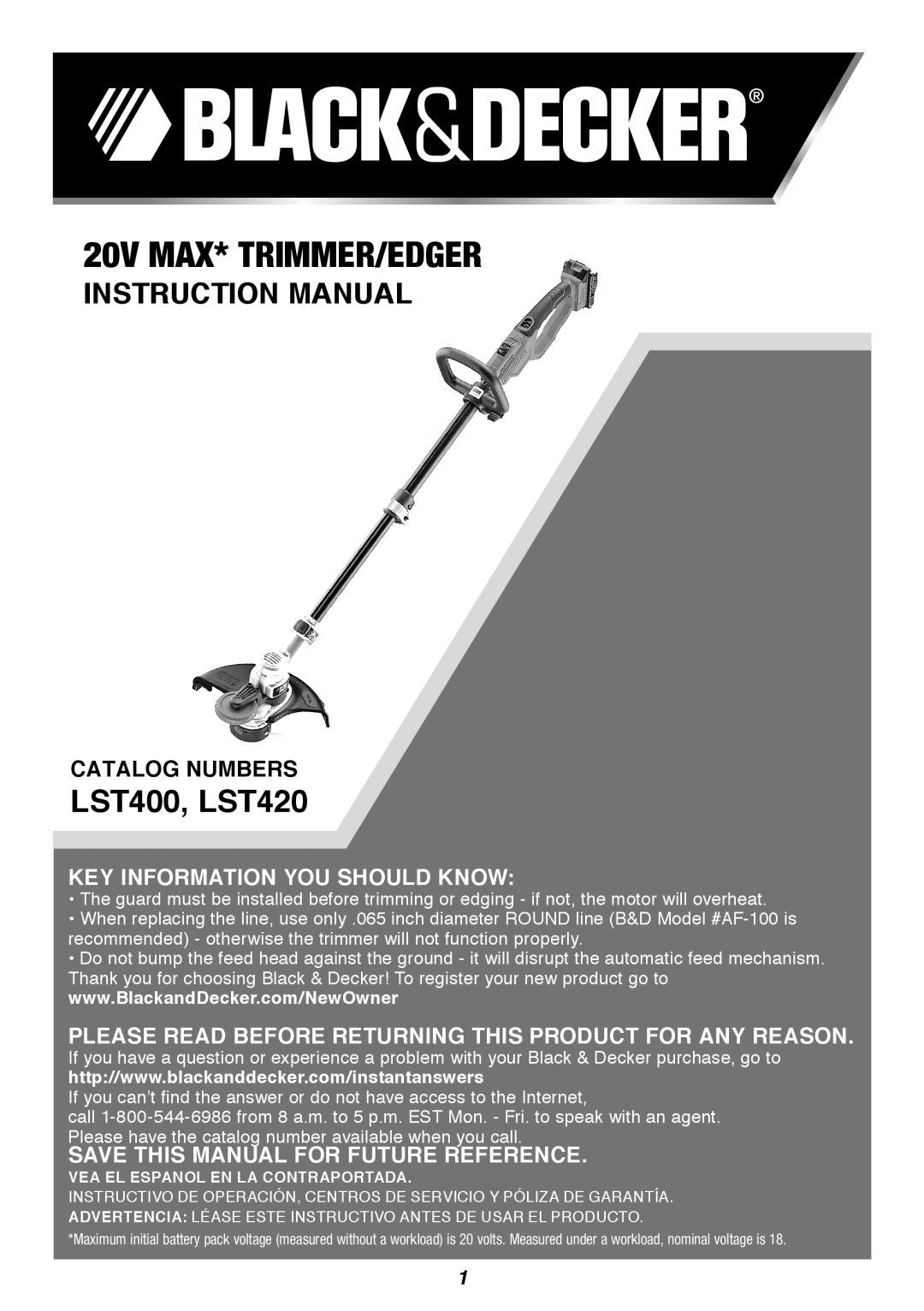 Black & Decker instruction manual 20V max* Trimmer/Edger, LST400, LST420, Catalog Numbers 