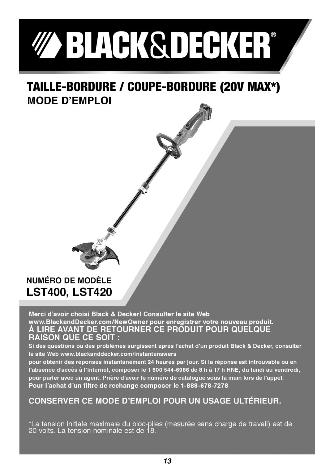 Black & Decker TAILLE-BORDURE / COUPE-BORDURE 20v Max, Mode D’Emploi, Numéro de modèle, LST400, LST420 
