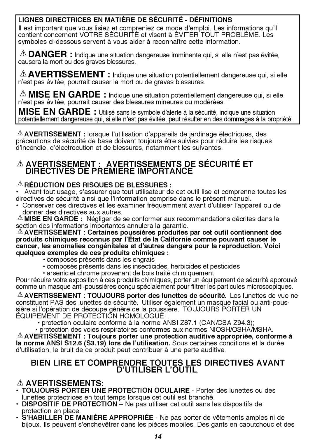 Black & Decker LST420 Bien Lire Et Comprendre Toutes Les Directives Avant, D’Utiliser L’Outil Avertissements 