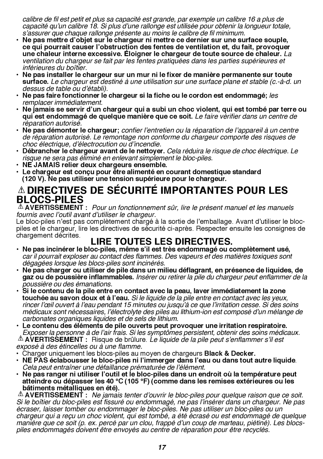 Black & Decker LST420 instruction manual Directives De Sécurité Importantes Pour Les Blocs-Piles 