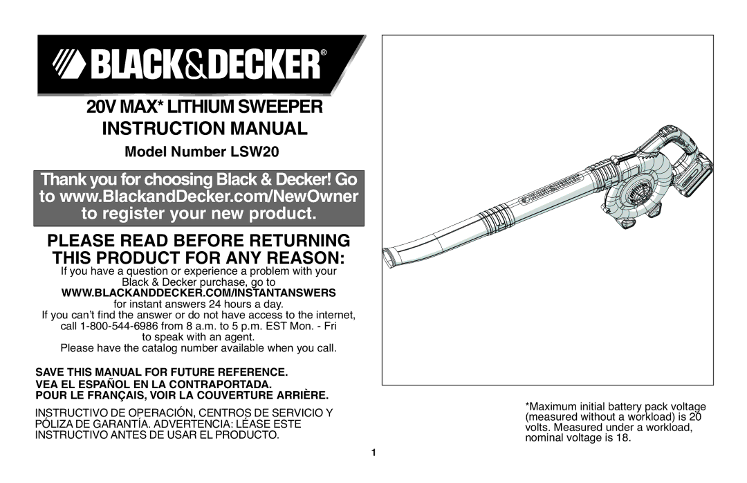 Black & Decker LSW20 instruction manual Please Read Before Returning 