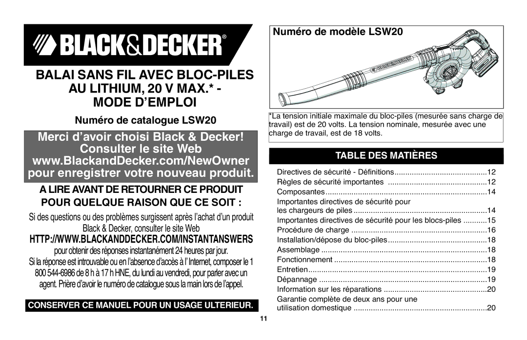 Black & Decker LSW20 instruction manual Merci d’avoir choisi Black & Decker Consulter le site Web, Table DES Matières 