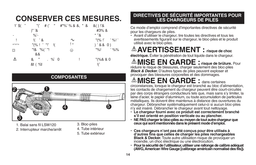 Black & Decker LSW20 Conserver CES Mesures, Avertissement, Composantes, Dʼautres types de piles peuvent exploser et 