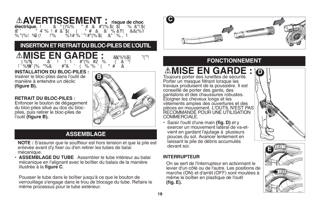 Black & Decker LSW20 instruction manual Mise EN Garde, Insertionetretraitdubloc-Pilesdel’Outil, Assemblage, Fonctionnement 