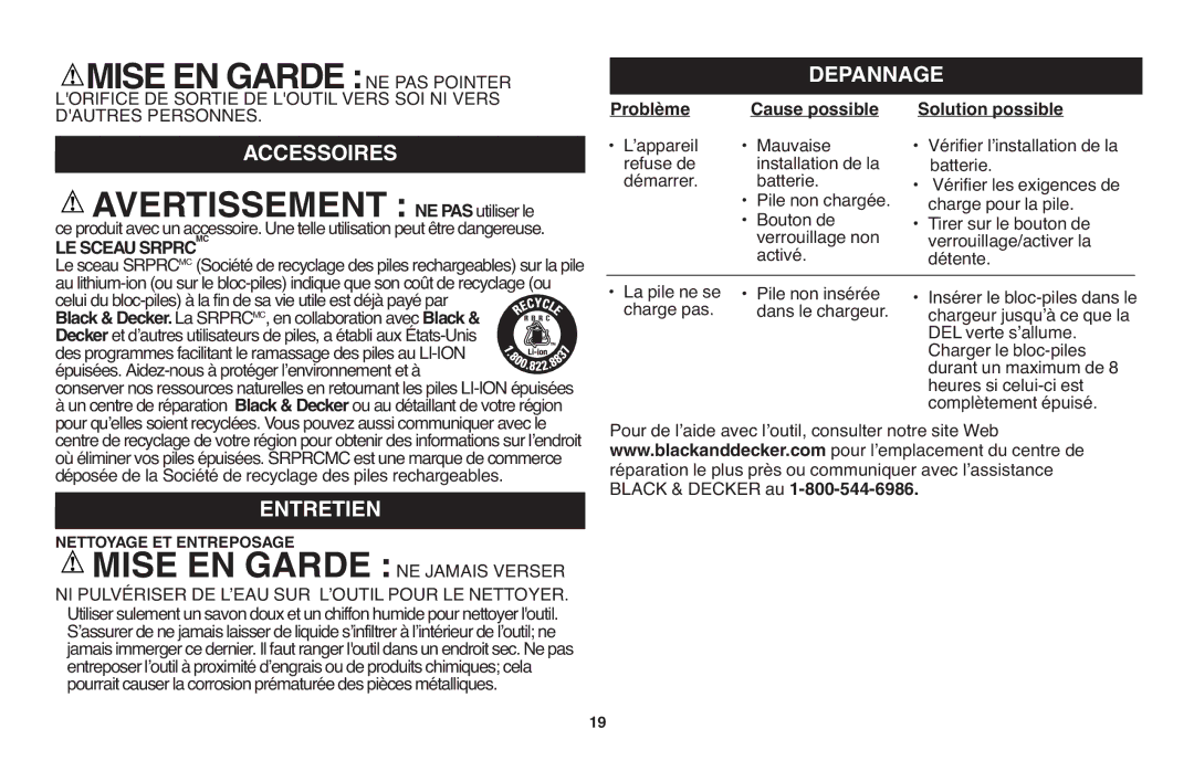 Black & Decker LSW20 instruction manual Miseen Garde NE PAS Pointer, Accessoires, Entretien, Depannage 