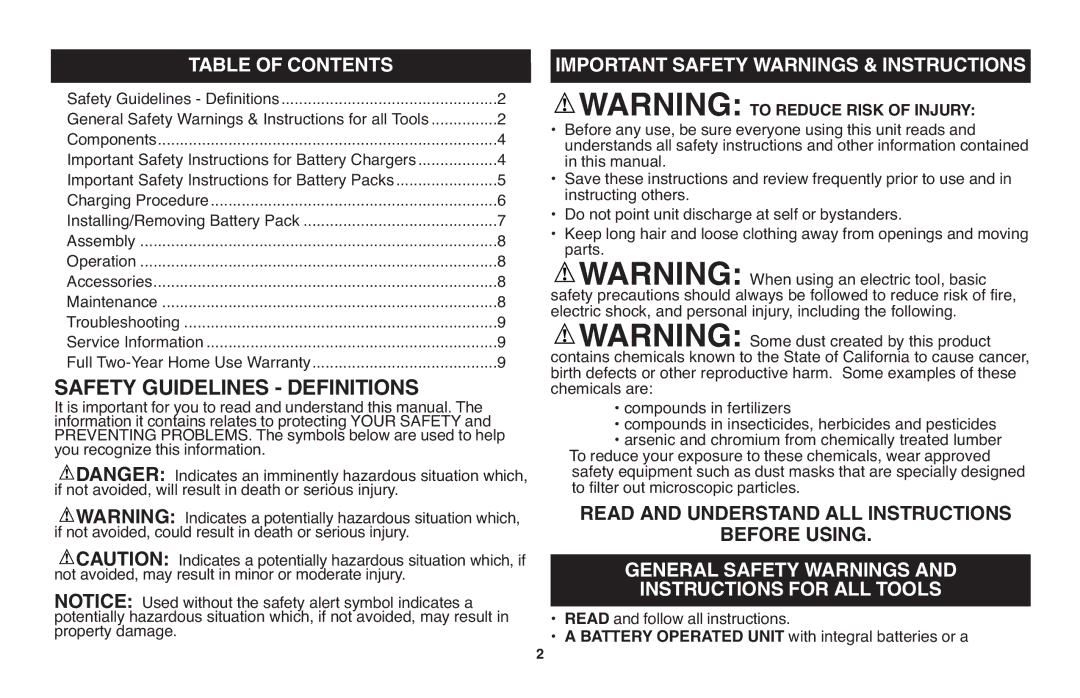 Black & Decker LSW20 instruction manual Table of Contents, Important Safety Warnings & Instructions 