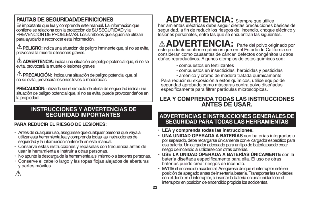 Black & Decker LSW20 Instrucciones Y Advertencias DE Seguridad Importantes, Seguridad Para Todas LAS Herramientas, Peligro 