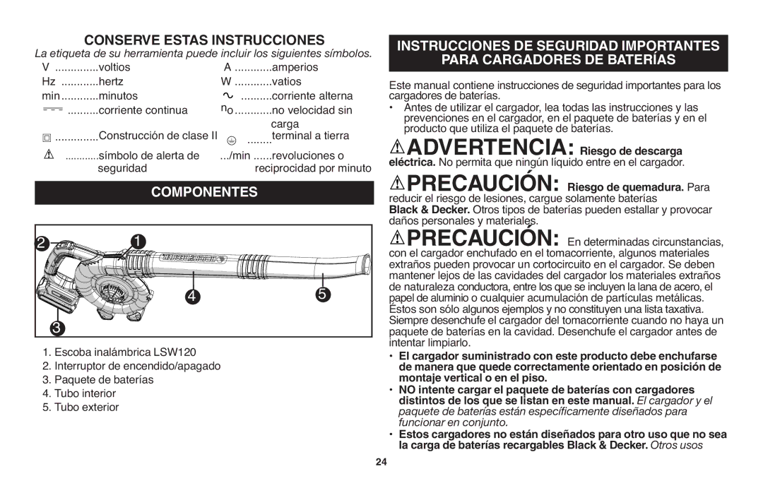 Black & Decker LSW20 instruction manual Componentes, Montaje vertical o en el piso 