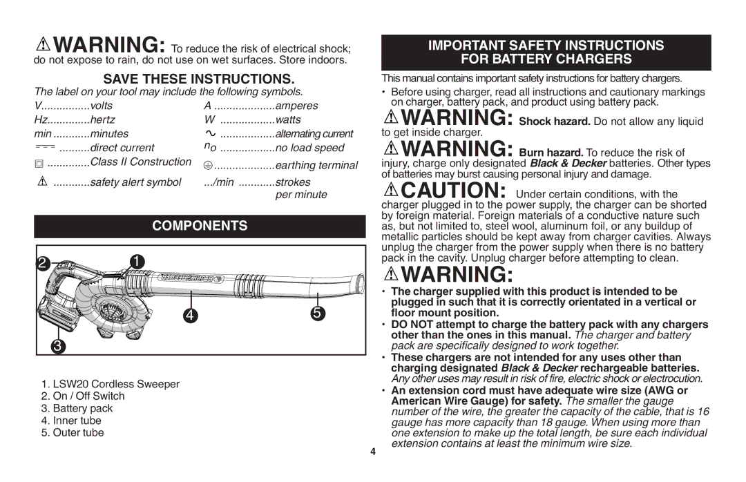 Black & Decker LSW20 Components, Important Safety Instructions For Battery Chargers, Shock hazard. Do not allow any liquid 