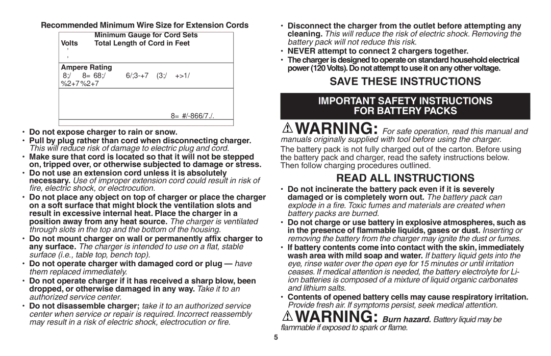 Black & Decker LSW20 Important Safety Instructions For Battery Packs, Never attempt to connect 2 chargers together 