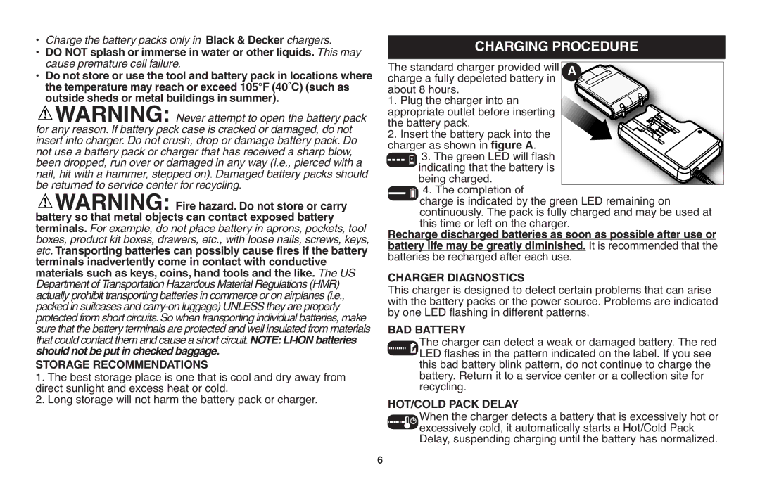 Black & Decker LSW20 instruction manual Charging Procedure, Long storage will not harm the battery pack or charger 