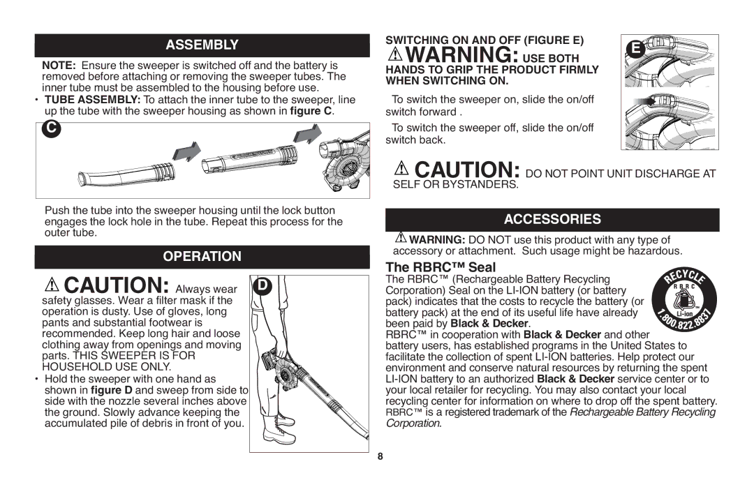 Black & Decker LSW20 instruction manual Assembly, Accessories, Operation, Hold the sweeper with one hand as, Been paid by 