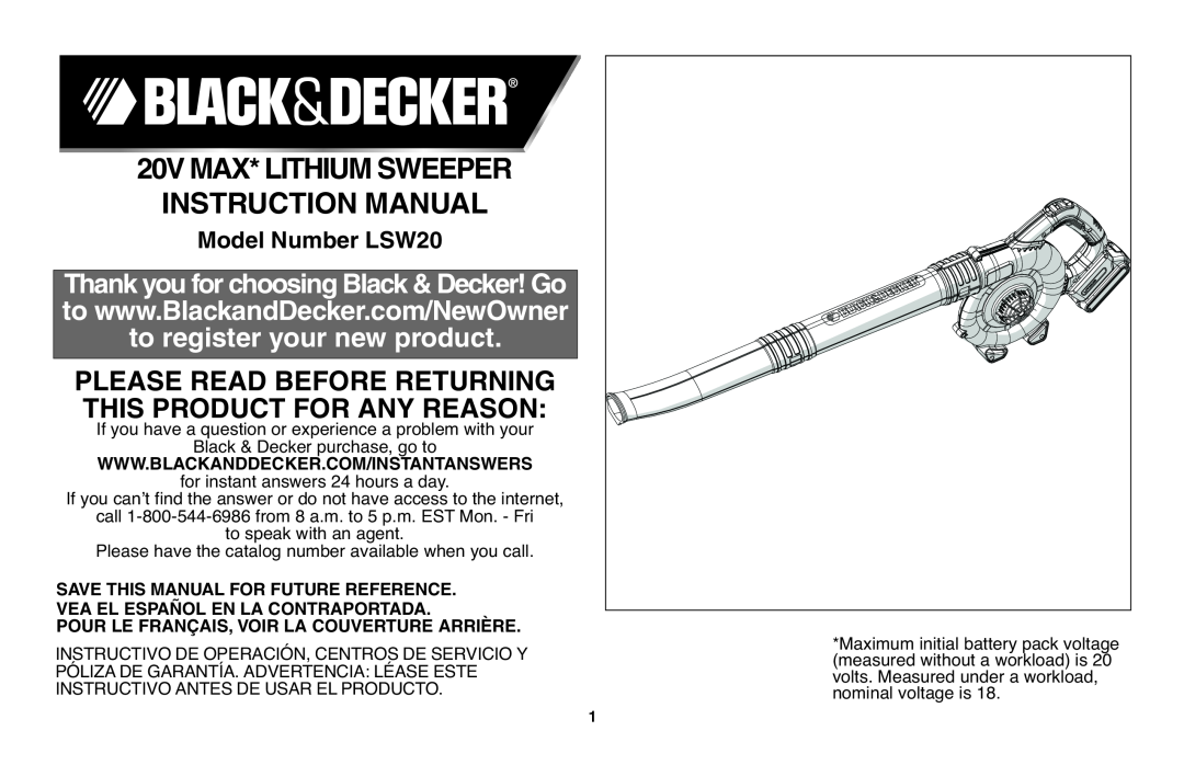 Black & Decker instruction manual Model Number LSW20, Please Read Before Returning 